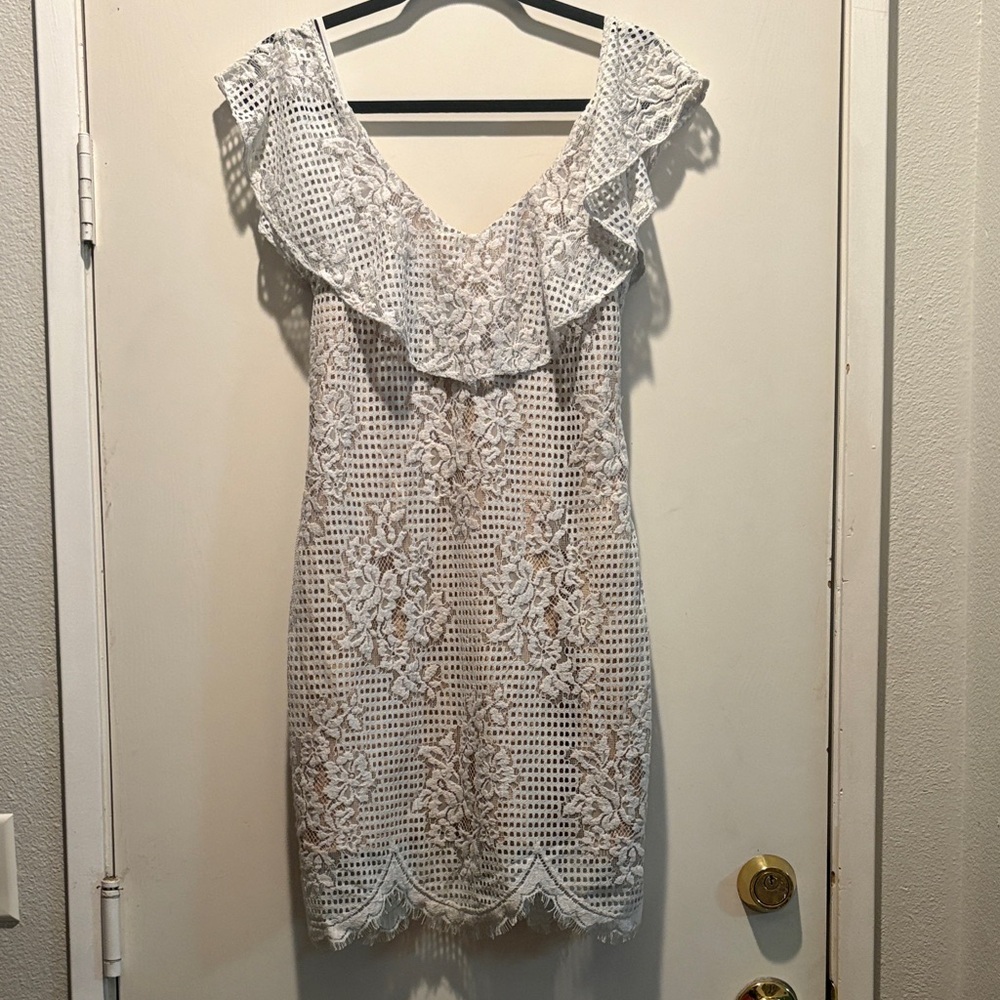 Wayf White Crochet Lace Mini Dress with Ruffle V-Neckline
